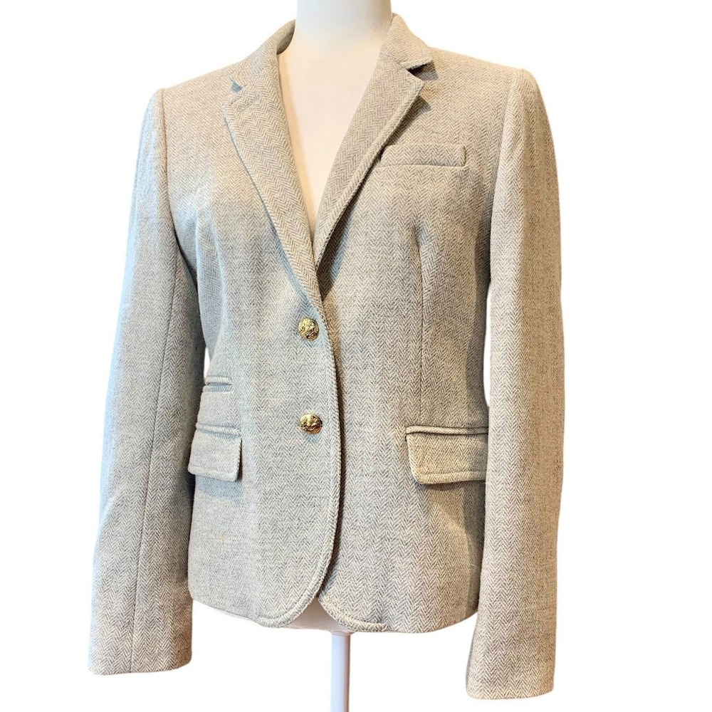 J Crew Schoolboy Blazer Womens 10 Gray Herringbone Wool Gold Button Preppy